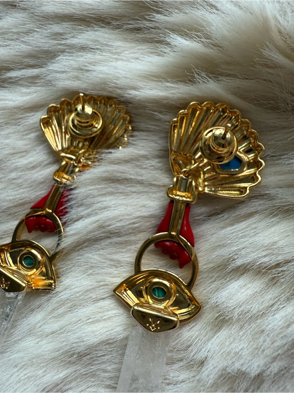 Gold Shell Drop Earrings with Red Hand & Blue and Green Stone Accents